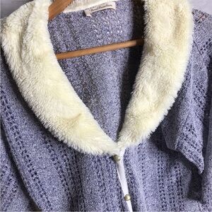 Y2K Lacey Knit Cardigan with Faux Fur Collar and Pearl Buttons